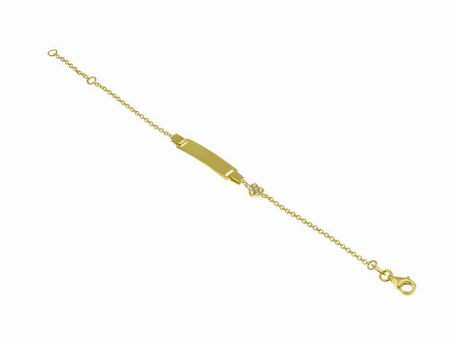 Gravurarmband aus Sterling Silber, gelb vergoldet, mit einem gravierbaren Herz und einem Karabinerverschluss, erhältlich in den Größen 14cm und 16cm, ideal für Kinder.
