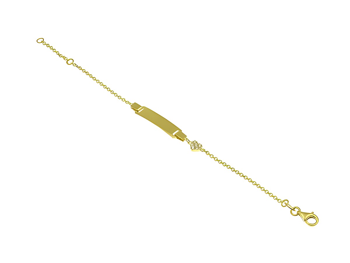 Gravurarmband aus Sterling Silber, gelb vergoldet, mit einem gravierbaren Herz und einem Karabinerverschluss, erhältlich in den Größen 14cm und 16cm, ideal für Kinder.