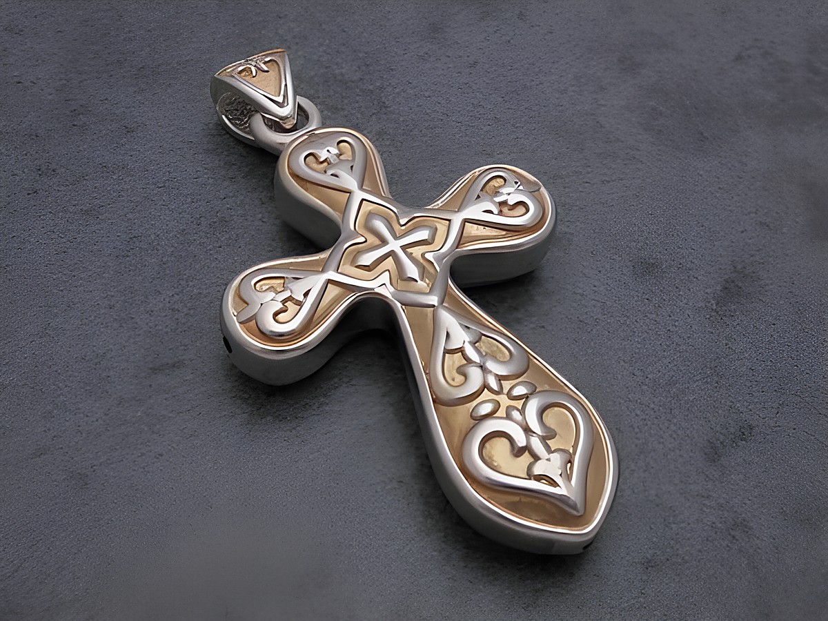 Kreuz Anhänger aus rhodiniertem Sterling Silber mit goldfarbigem Lack und filigranem Muster, Hersteller Juwelier Harnisch, elegantes Designerstück.