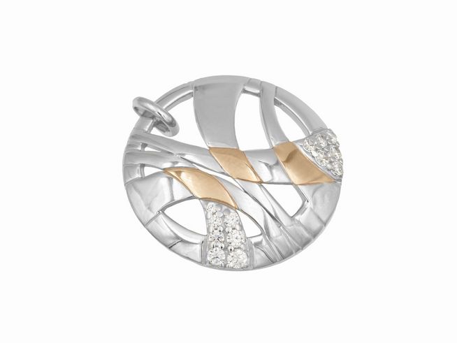 Schöner Anhänger aus rhodiniertem Sterling Silber kombiniert mit vergoldeten Elementen und funkelnden Zirkonia, vielfältiges Design von Juwelier Harnisch, ideal als modisches Accessoire.