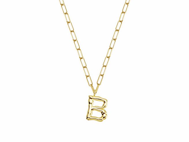 Xenox Sterling Silber Kette XS4150G/B mit 45 cm Länge, LETTER GAME Design in gelbgold vergoldet, zeigt einen stilisierten Buchstaben B als Anhänger.