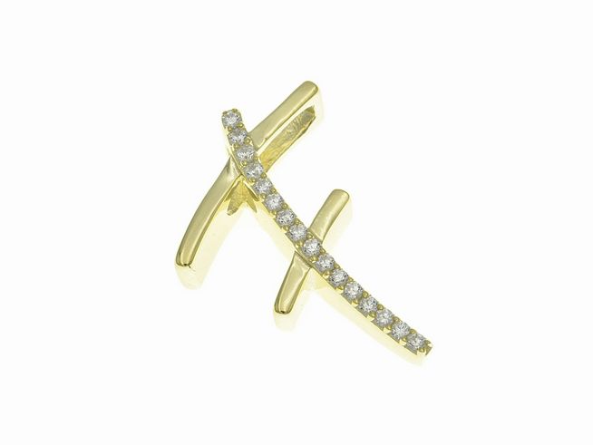 Anhänger aus poliertem Sterling Silber in Form des Buchstabens F, vergoldet in Gelbgold mit Zirkonia-Steinen, Hersteller Juwelier Harnisch.