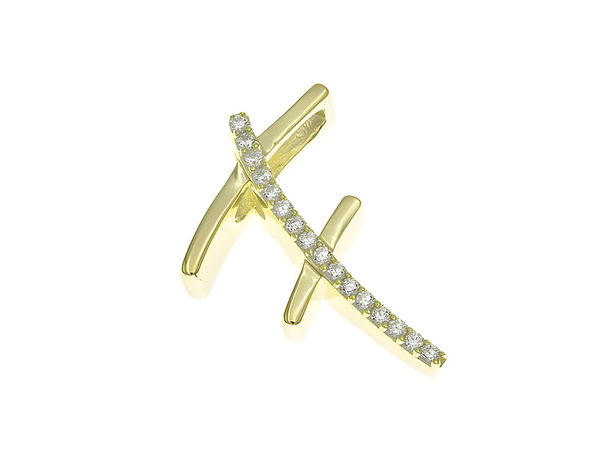 Anhänger aus poliertem Sterling Silber in Form des Buchstabens F, vergoldet in Gelbgold mit Zirkonia-Steinen, Hersteller Juwelier Harnisch.