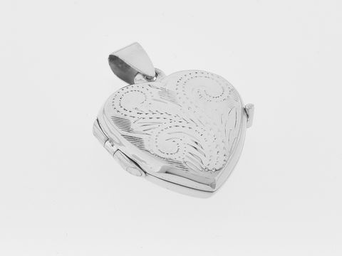 Silber Medaillon in Herzform, silber rhodiniert, floral verschlungen, Hersteller: Juwelier Harnisch, ideal als persönliche Geschenkidee oder Schmuckstück für besondere Anlässe.