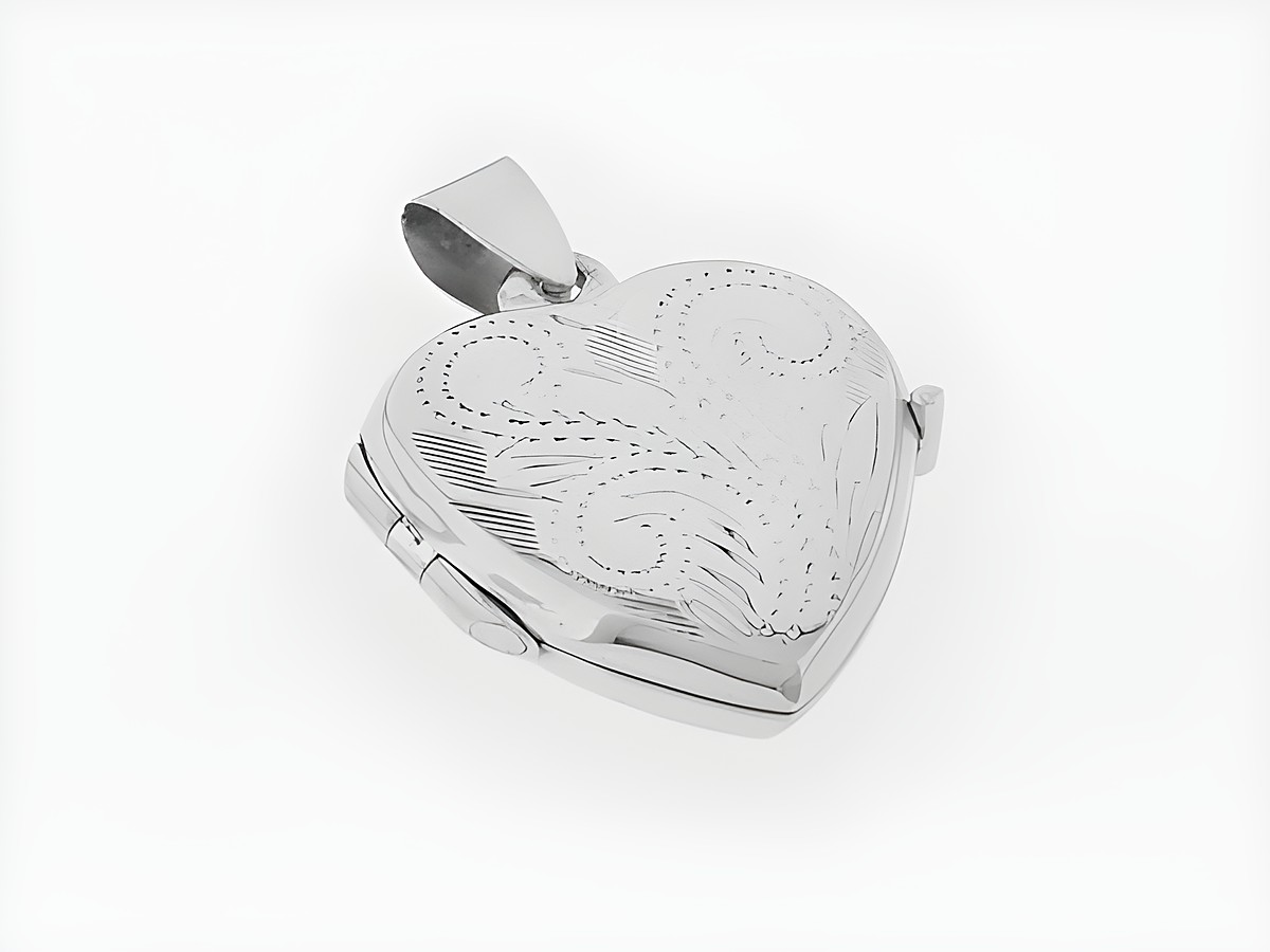 Silber Medaillon in Herzform, silber rhodiniert, floral verschlungen, Hersteller: Juwelier Harnisch, ideal als persönliche Geschenkidee oder Schmuckstück für besondere Anlässe.