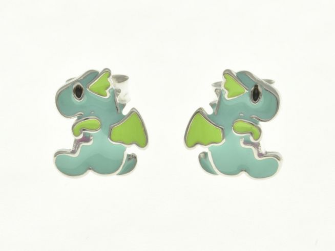 Drache Ohrstecker aus rhodiniertem Sterling Silber mit grün und blauem Lack, ideal für Kinder, hergestellt von Juwelier Harnisch.