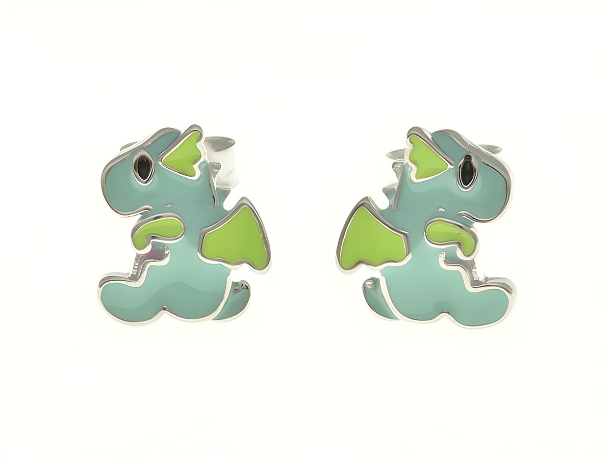 Drache Ohrstecker aus rhodiniertem Sterling Silber mit grün und blauem Lack, ideal für Kinder, hergestellt von Juwelier Harnisch.
