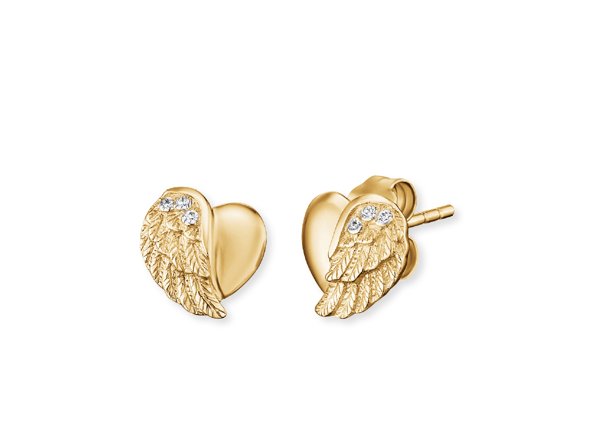 Zwei Ohrstecker in Form von Herzen mit stilisierten Flügeln, aus gelbgoldvergoldetem Silber, verziert mit funkelnden Zirkonia. Ideal für einen eleganten Look.