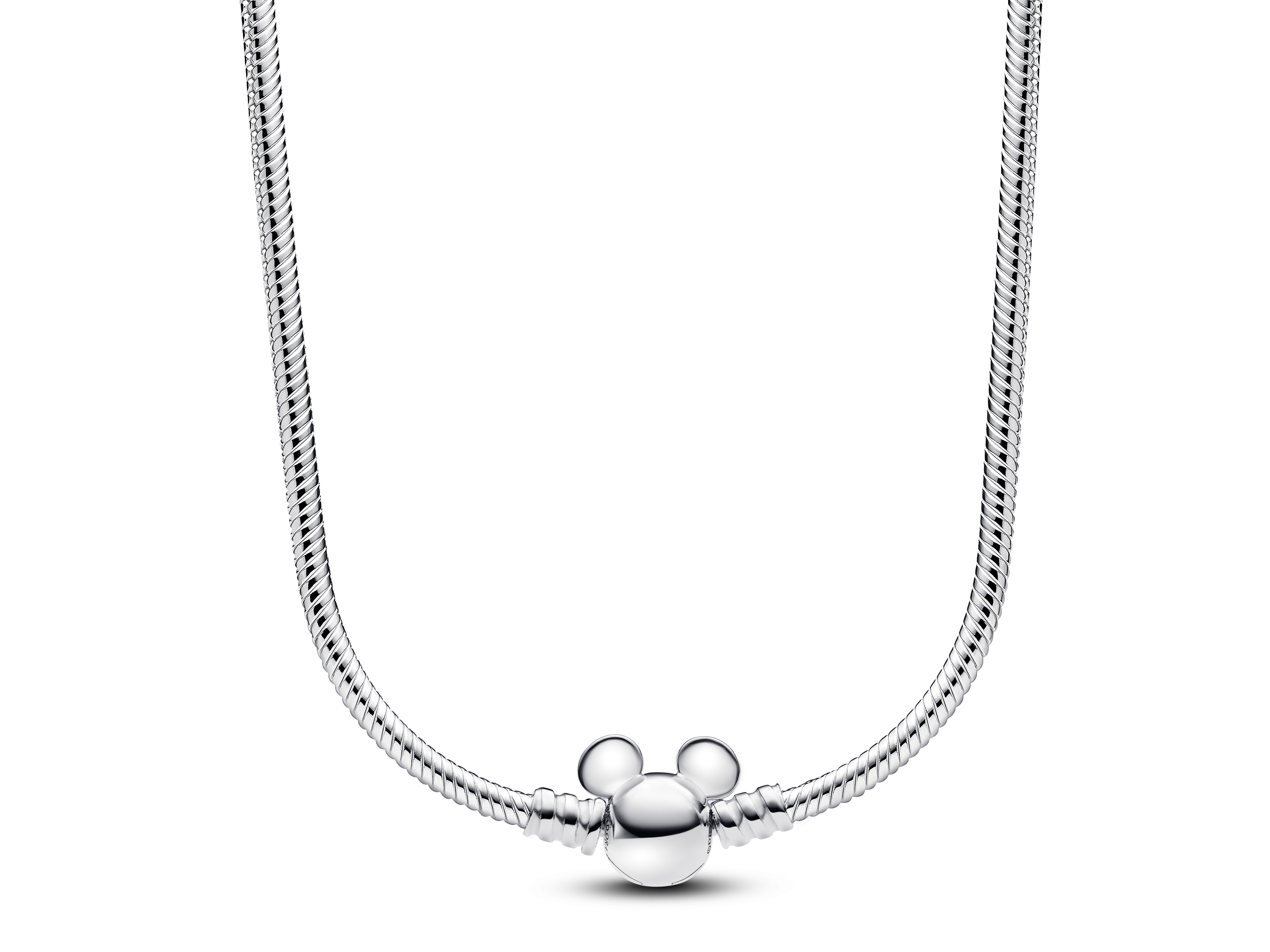 Silberne Schlangenhalskette von Pandora mit einem Mickey Mouse Motiv aus der Disney Kollektion, Länge 45 cm, edel verziert und ideal für jeden Disney Fan.
