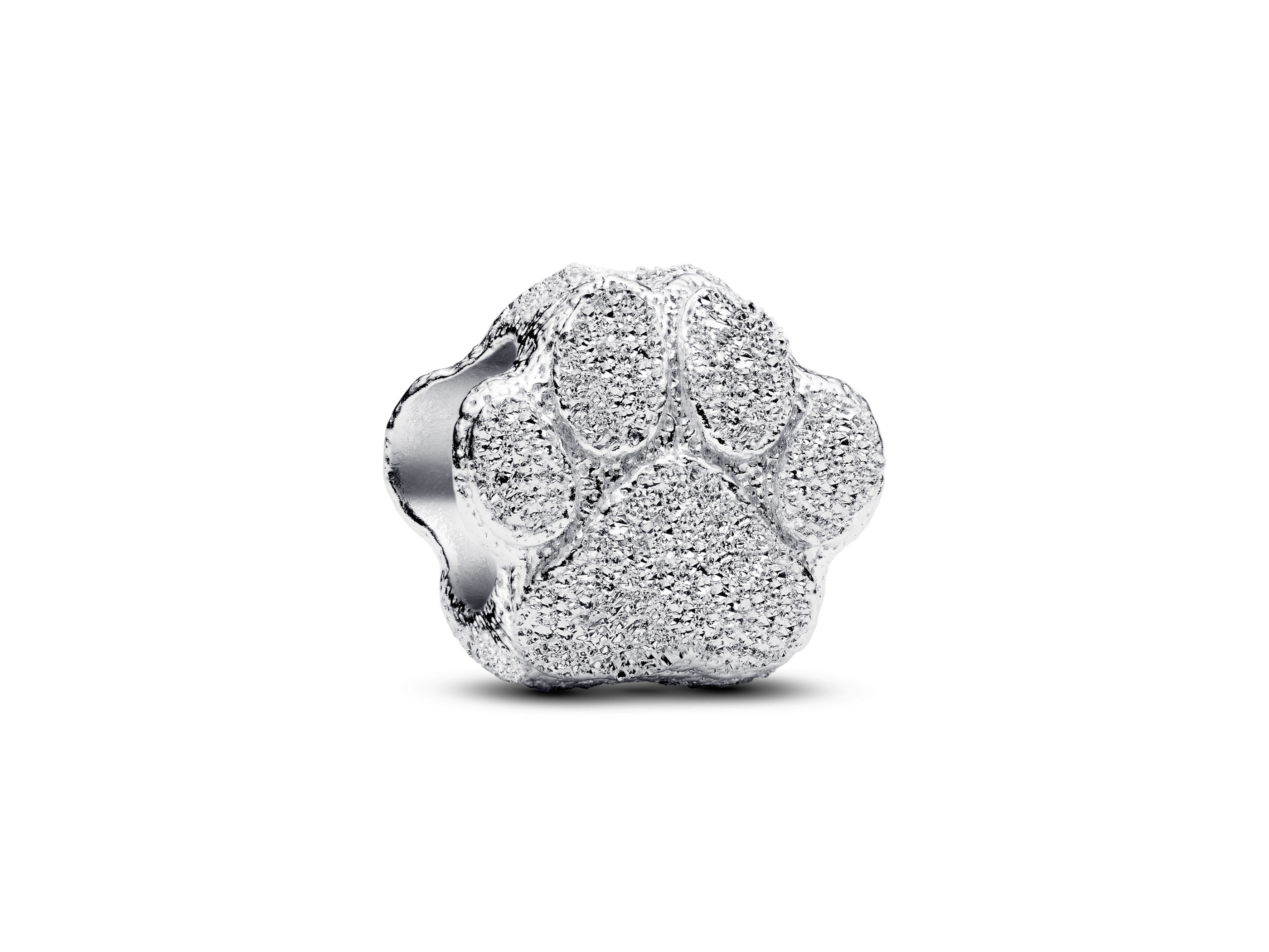 Strukturierte Pfote Mini-Charm aus Sterling Silber von Pandora, in schimmerndem Design mit detaillierten Pfotenabdrücken, ideal für Anhänger oder Armbänder, neu in der Kollektion.