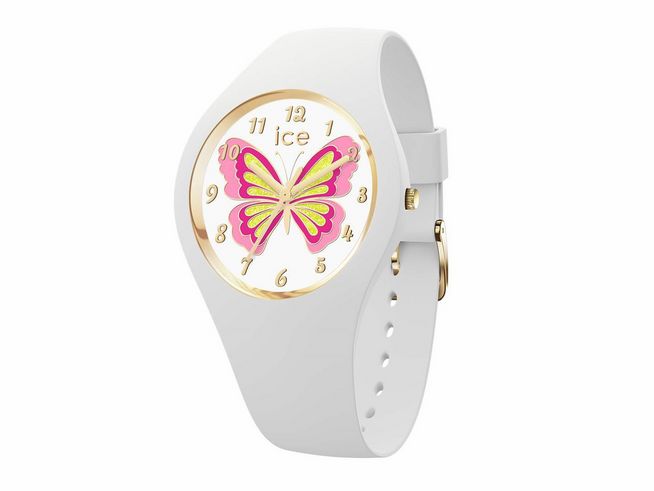 Die Ice Watch Uhr 021956 ICE fantasia in Weiß zeigt ein farbenfrohes Schmetterlingsdesign auf dem Zifferblatt und ist mit goldenen Ziffern versehen, ideal für modebewusste Träger.