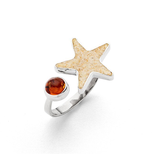DUR Ring Sandseestern - Sterling Silber rhodiniert - Bernstein + Strandsand – Ansicht 2