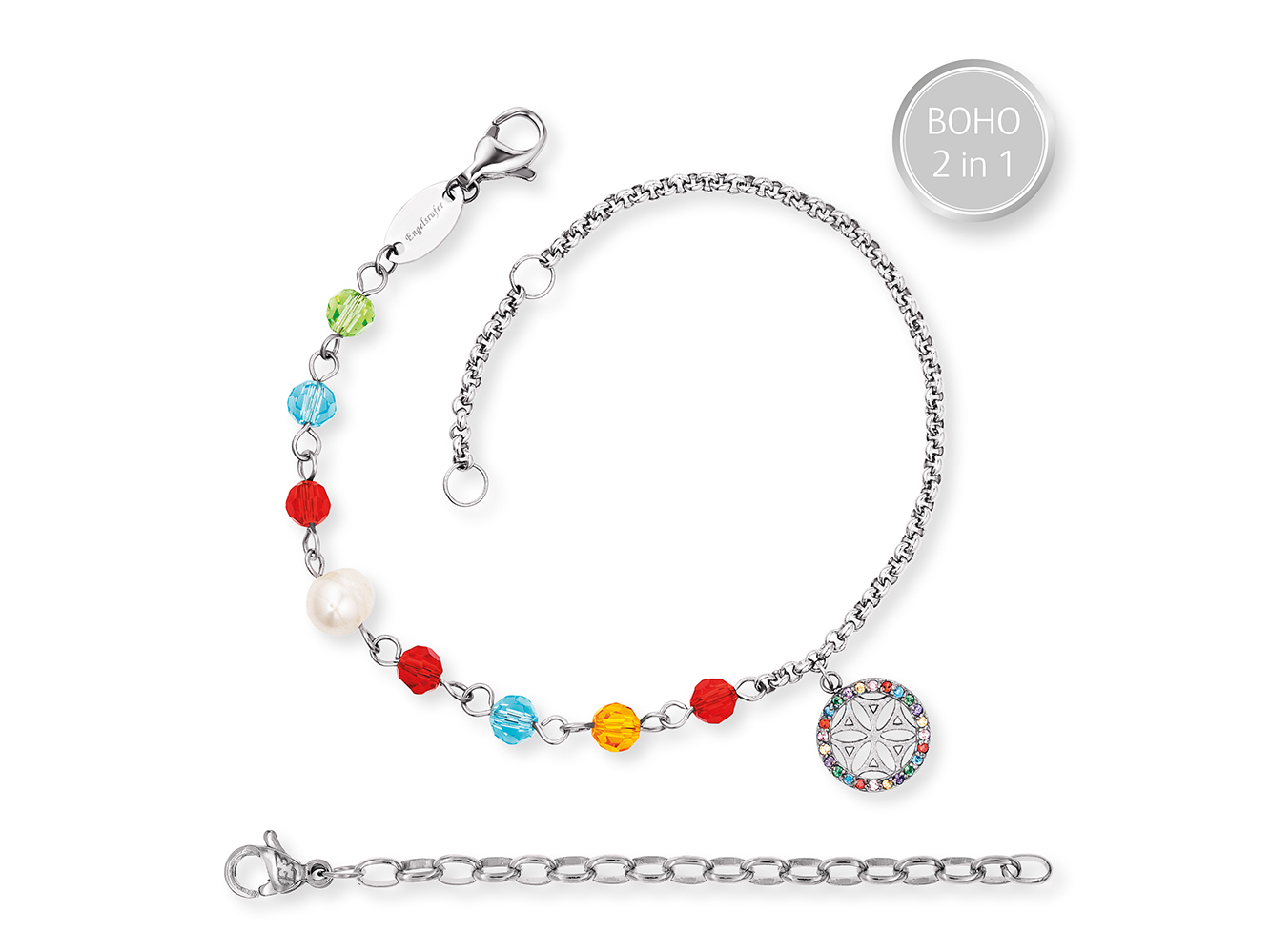 Engelsrufer ERBS-LILLIFL-ZIM LEBENSBLUME Armband BOHO Multicolor aus Edelstahl mit Zuchtperle in Weiß, gespickt mit bunten Glassteinen und einem Anhänger, Länge 17 cm.