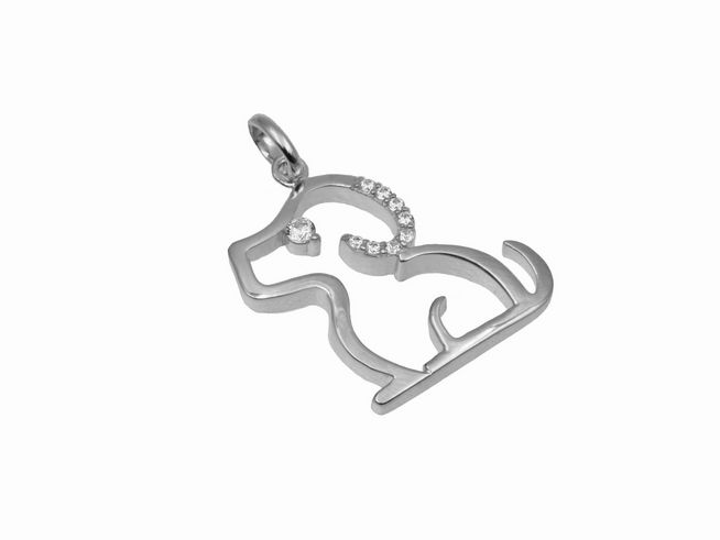 Hängender Hund aus poliertem rhodiniertem 925 Sterling Silber mit Zirkonia, elegantes Design, geeignet als Schmuckstück für Tierliebhaber, Hersteller Juwelier Harnisch.
