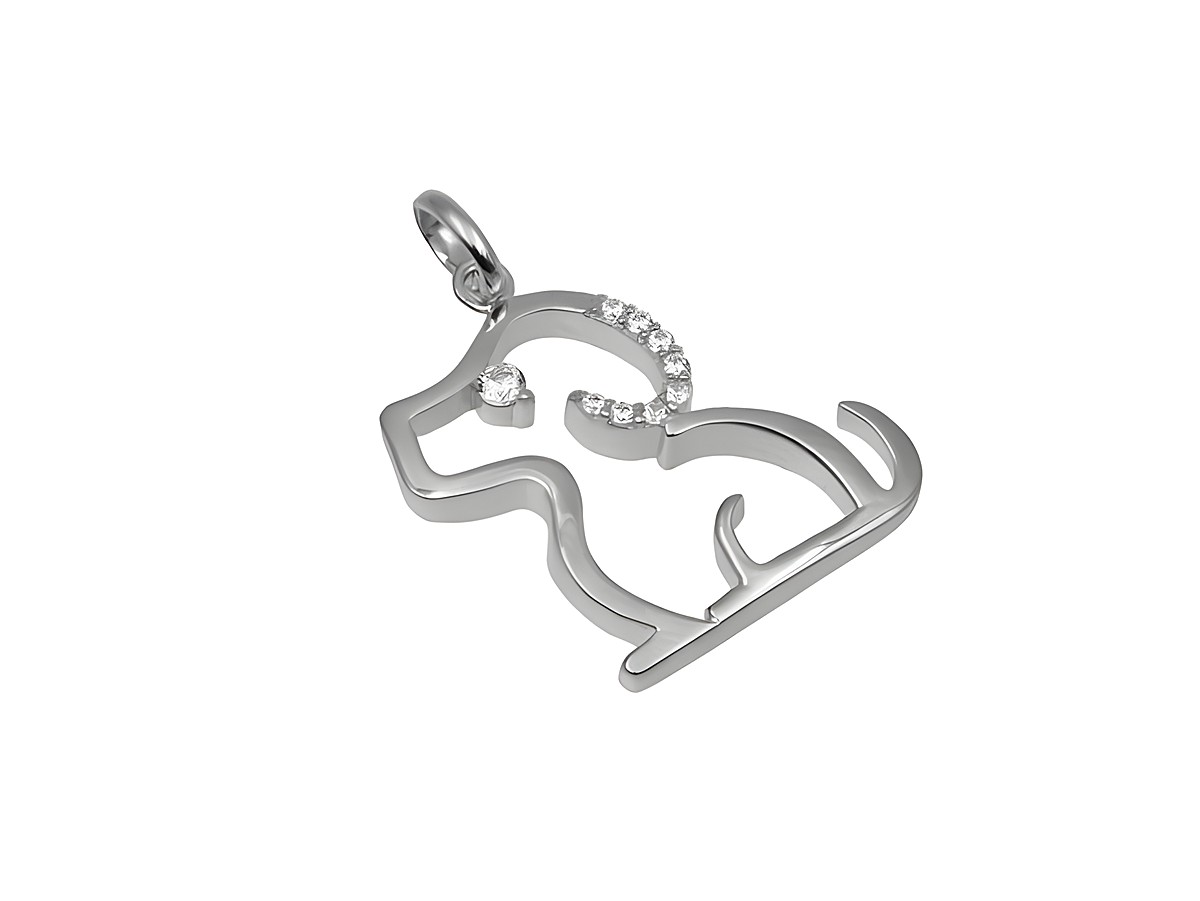 Hängender Hund aus poliertem rhodiniertem 925 Sterling Silber mit Zirkonia, elegantes Design, geeignet als Schmuckstück für Tierliebhaber, Hersteller Juwelier Harnisch.