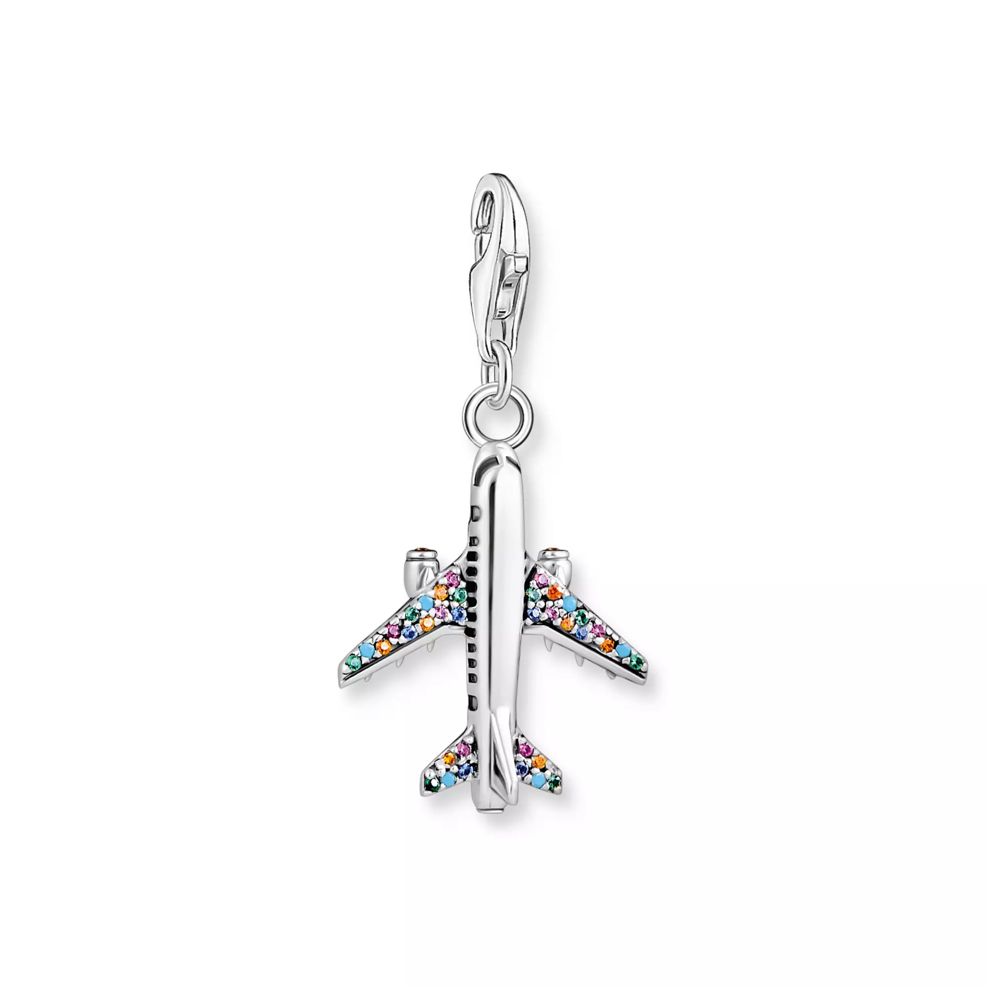 Thomas Sabo Charm-Anhänger - Silber geschw. + Glas-Keramik Stein + synth. Korund + Zirkonia - Flugzeug