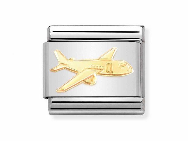 Flugzeugmotiv aus Gold 750 auf einem Edelstahlarmbandglied, Hersteller Nomination, Modell 030162 75 CLASSIC, elegant und stilvoll gestaltet.