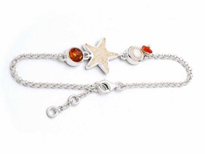 Armband aus rhodiniertem Sterling Silber von DUR mit einem Sandseestern, einer Perle und Bernstein, Länge 19 cm, ideal für einen maritimen Look.