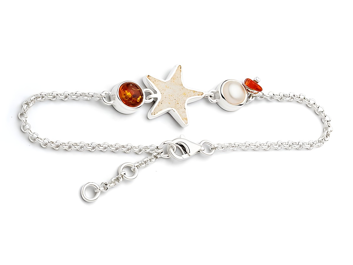 Armband aus rhodiniertem Sterling Silber von DUR mit einem Sandseestern, einer Perle und Bernstein, Länge 19 cm, ideal für einen maritimen Look.