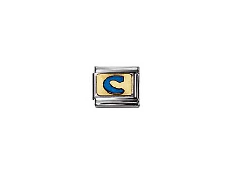 BLAU emaillierter Buchstabe C von Nomination, stilvoll gestaltet mit einer goldenen Umrandung auf einem silbernen Hintergrund, ideal für personalisierte Schmuckstücke.