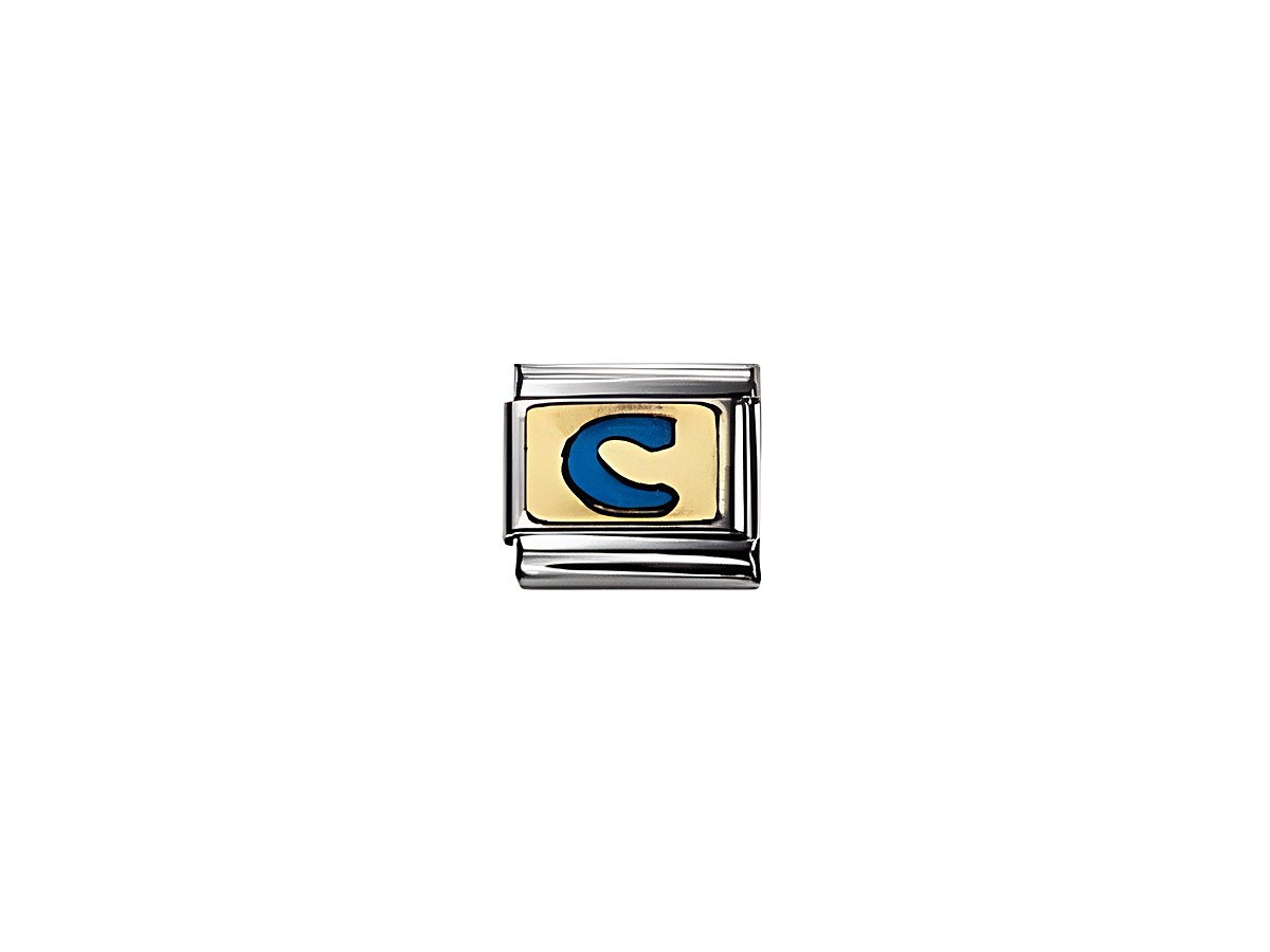BLAU emaillierter Buchstabe C von Nomination, stilvoll gestaltet mit einer goldenen Umrandung auf einem silbernen Hintergrund, ideal für personalisierte Schmuckstücke.