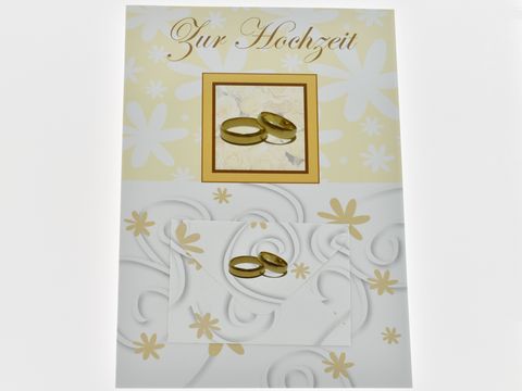 Hochzeitskarte mit Umschlag und Trauringmotiv in eleganter Gestaltung, Hersteller Juwelier Harnisch, ideale Einladung zur Hochzeitsfeier.