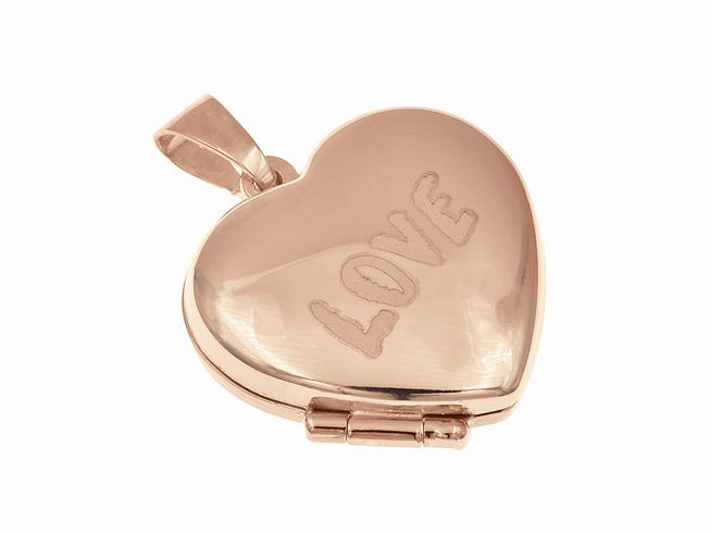 Medaillon Anhänger in Herzform aus Sterling Silber mit Roségold Vergoldung, graviert mit dem Wort Love, Hersteller Juwelier Harnisch. Ideal als zeitloses Geschenk.