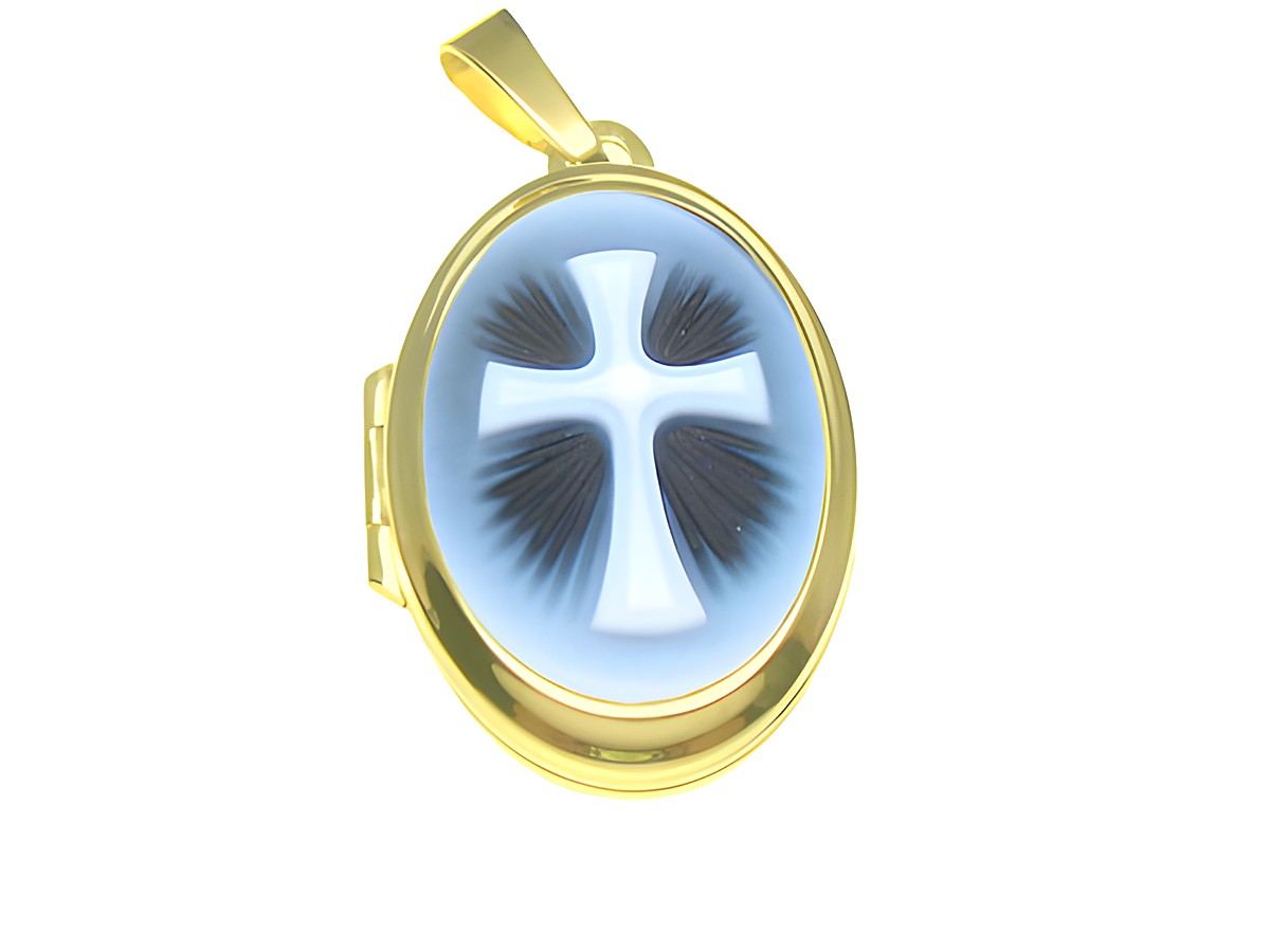 Kreuz Achat Gemme Medaillon aus Gold 333, hergestellt von Juwelier Harnisch, mit einer klaren Kreuzdarstellung auf blauen Hintergrund und feinen, schwarzen Details.