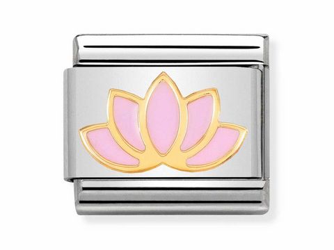 Emaillierter Charm mit einer goldenen Lotosblüte auf silberfarbenem Hintergrund, Hersteller Nomination, Modell Classic 030278 17, ideal als Schmuckstück für Armbänder.