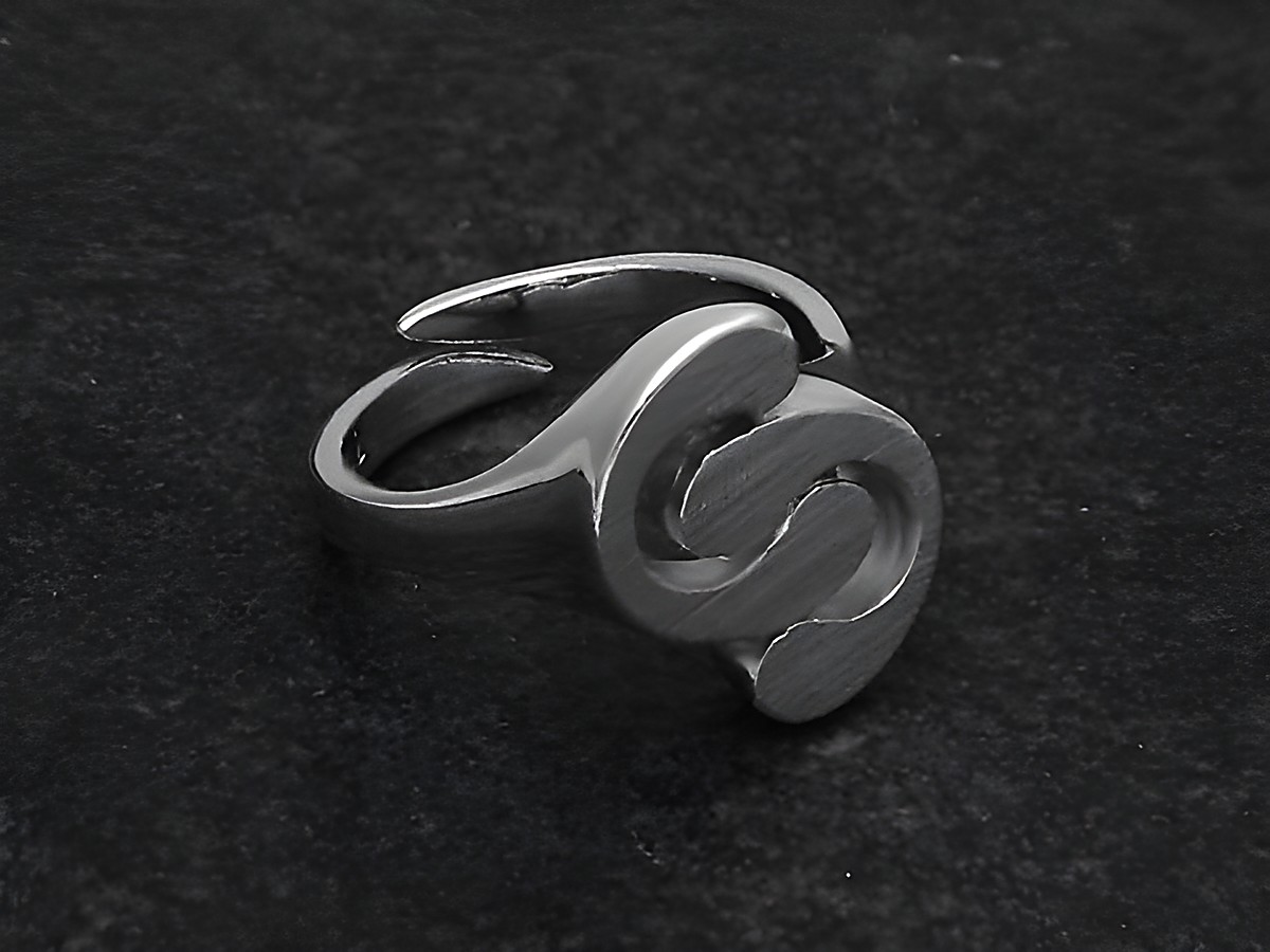 Silberring rho in innovativem Design, weit verstellbar, Hersteller Juwelier Harnisch, rhodiniert und ohne Stein, elegant und modern in seiner Formgebung.