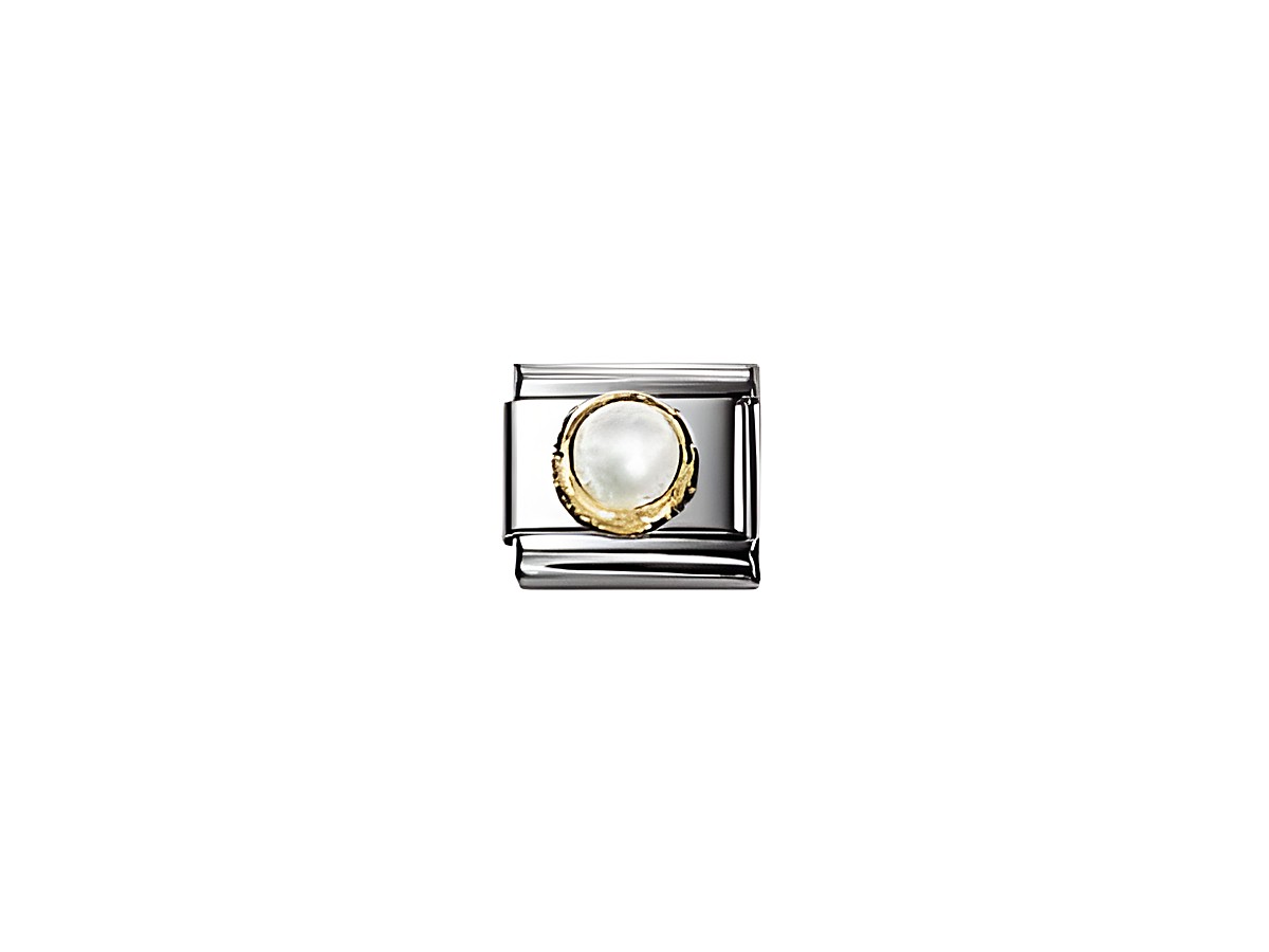 Rundes Charm aus der Kollektion NOMINATION Classic mit Perlmutt in Weiß und einem goldenen Rand, ideal zum persönlichen Armband. Hersteller ist Nomination.