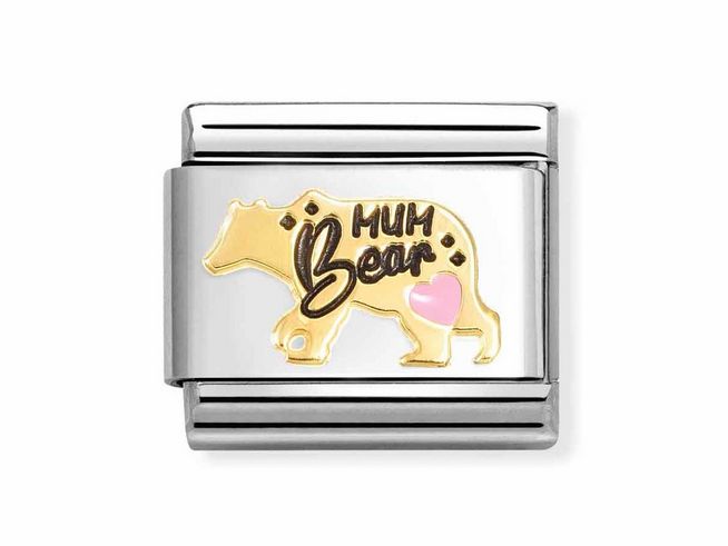 Ein elegantes Charm mit dem Schriftzug Mum Bear in gold und rosa, das die Silhouette eines Bären zeigt, auf einer silbernen Grundfläche, ideal für handgefertigte Schmuckstücke.