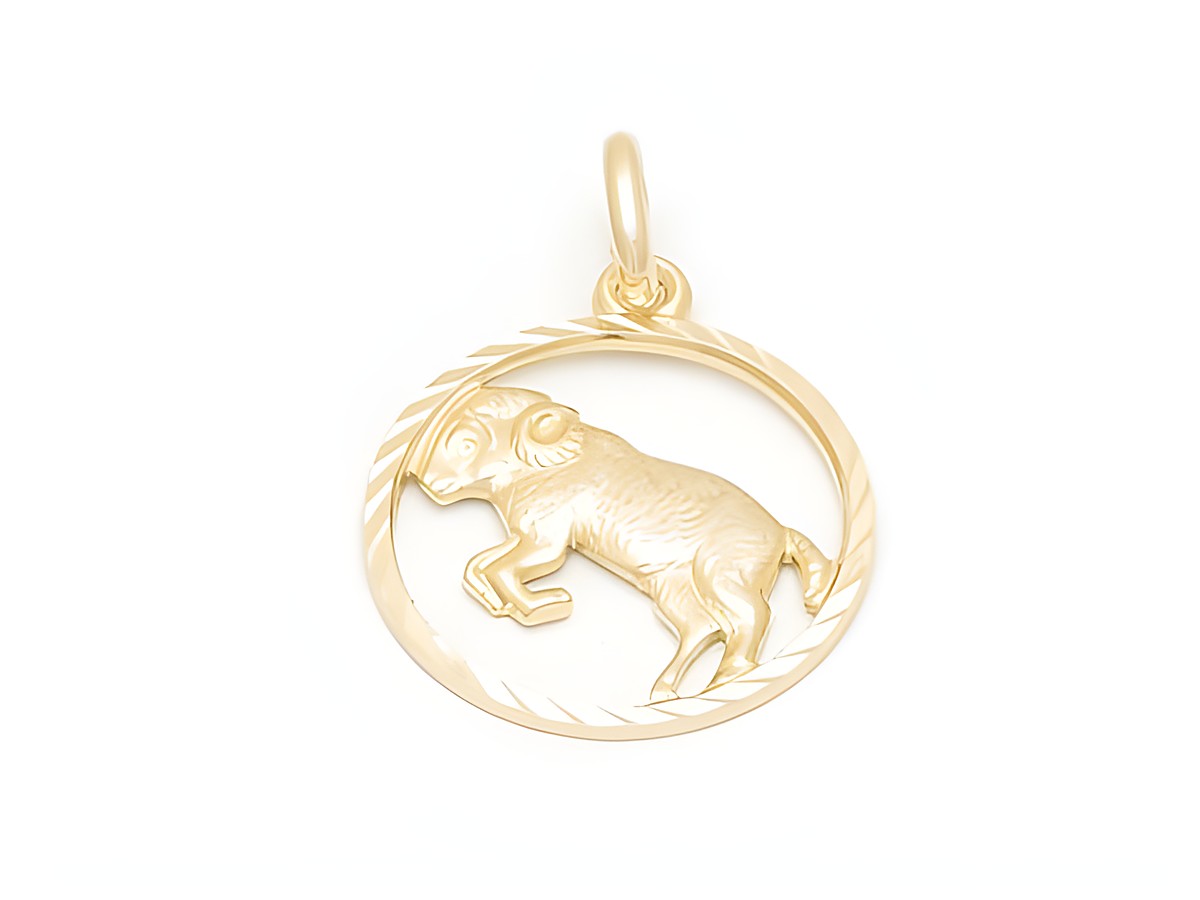 Widder Sternzeichen Anhänger aus vergoldetem Sterling Silber, diamantiert, mit detaillierter Darstellung eines Widders im Inneren eines kreisförmigen Rahmens, Hersteller Juwelier Harnisch.