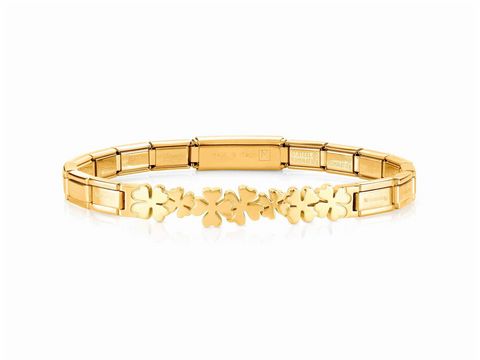 Das Nomination Trendsetter 021111 007 Armband Kleeblatt in Gelbgold hat ein elegantes Design mit charmanten Kleeblatt-Motiven und einer Länge von 18 cm, passend für jeden Anlass.