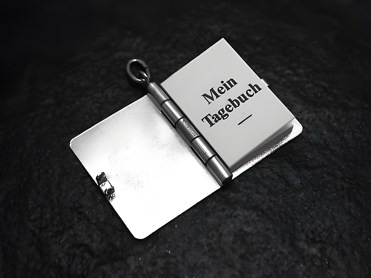 Silber Anhänger kleinste Tagebuch mit echten Seiten, Hersteller Juwelier Harnisch, Sonderformen, kunstvoll verarbeitet, leicht zu tragen, ideal als persönliche Note oder Geschenk. – Ansicht 2