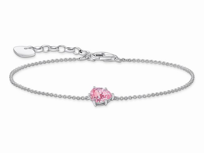Silbernes Armband von Thomas Sabo mit feiner Kette, verziert mit einem großen rosa-pinken Zirkoniatropfen, verstellbar von 16 bis 19 cm.