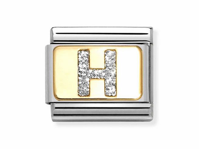 Eleganter Charm aus Edelstahl mit silber-glitzerndem Buchstaben H aus Emaille, umgeben von goldfarbenem Glitzer und edlem Gelbgold. Ideal für individueller Schmuckgestaltung.
