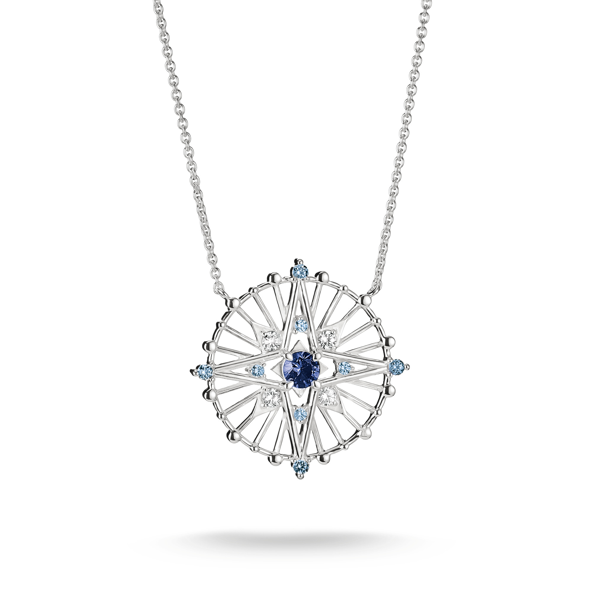 925 Sterling Silber Kette von Thomas Sabo mit einem filigranen Anhänger in Form eines Kompasses, besetzt mit blauen und klaren Zirkonia sowie Nanokristallen. Gesamtlänge 45 cm.