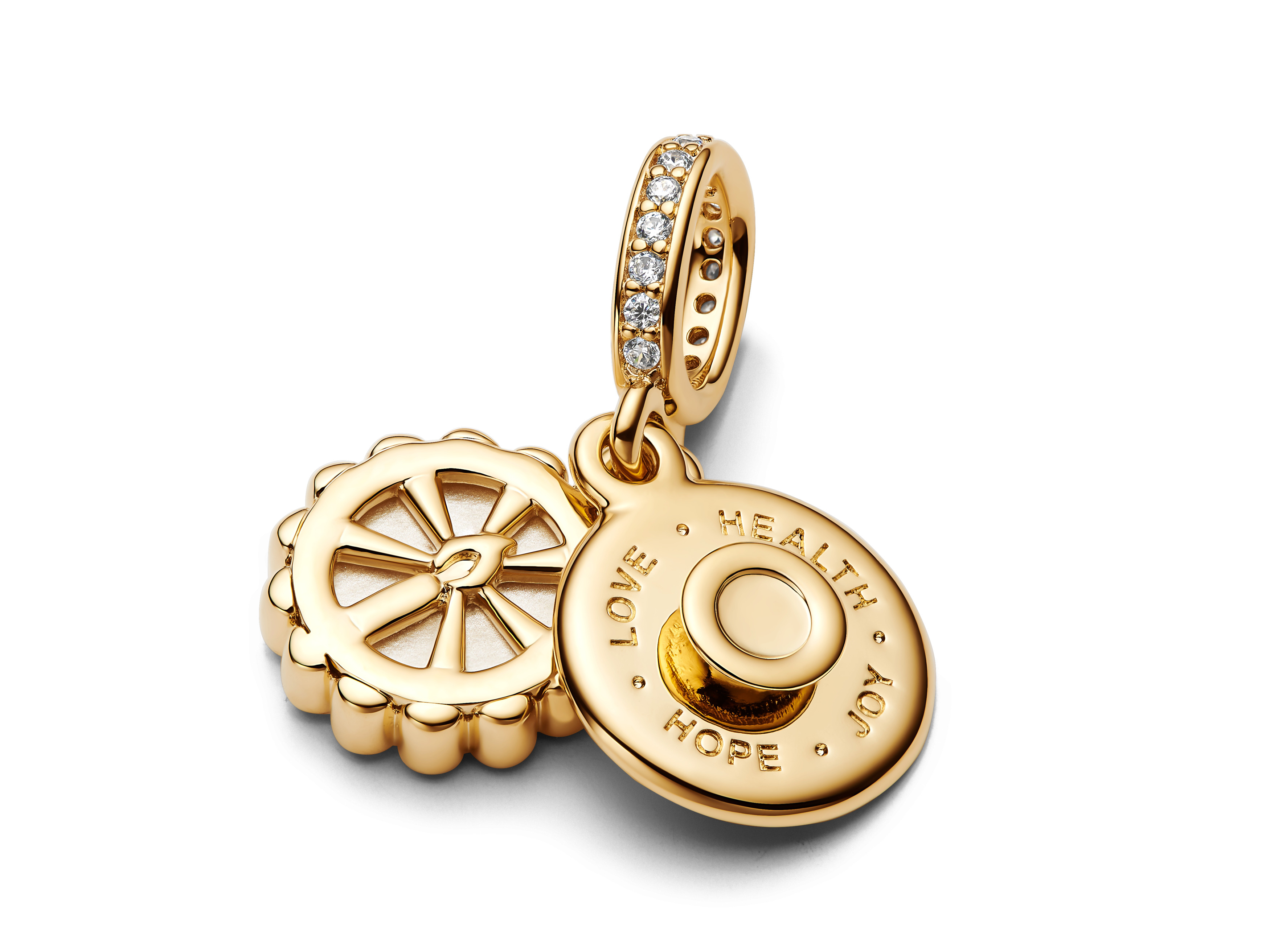 Charm von Pandora mit einer Geburtstagsmotiv-Torte in Gelbgold mit einem Steinmix in Weiß. Perfekt als Geschenk für besondere Anlässe und Feierlichkeiten.