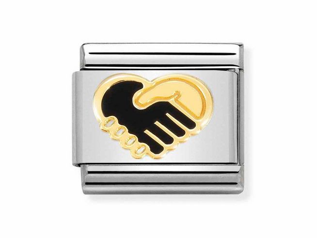 Edelstahlarmband mit einer herzförmigen Darstellung von zwei Händen in Schwarz und Gelbgold, symbolisiert Vielfalt und Zusammenhalt, emailliert und modern gestaltet.