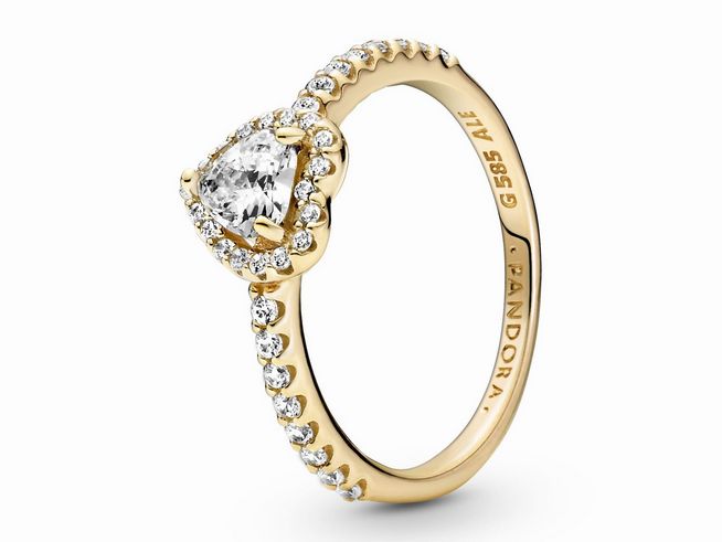 Pandora Gold 585 Herzring mit Zirkonia in Größe 60, filigranes Design mit einem großen herzförmigen Stein und funkelnden Zirkonia am Ringrand, ideal für romantische Anlässe.