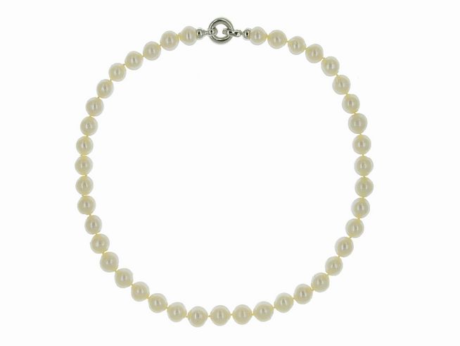 Perlenkette aus Süßwasser-Zuchtperlen mit einem Durchmesser von 9,5-10,5 mm in Weiß, Länge 45 cm, klassisches Design, Hersteller: Juwelier Harnisch.