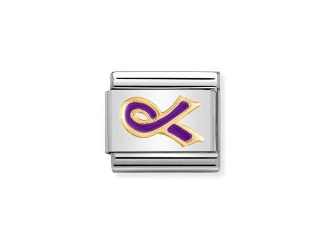 Schmuckelement von Nomination mit der Artikelnummer 030208 55, klassisches Design, violette Schleife auf einer goldenen und Edelstahlbasis, verziert mit Emaille.