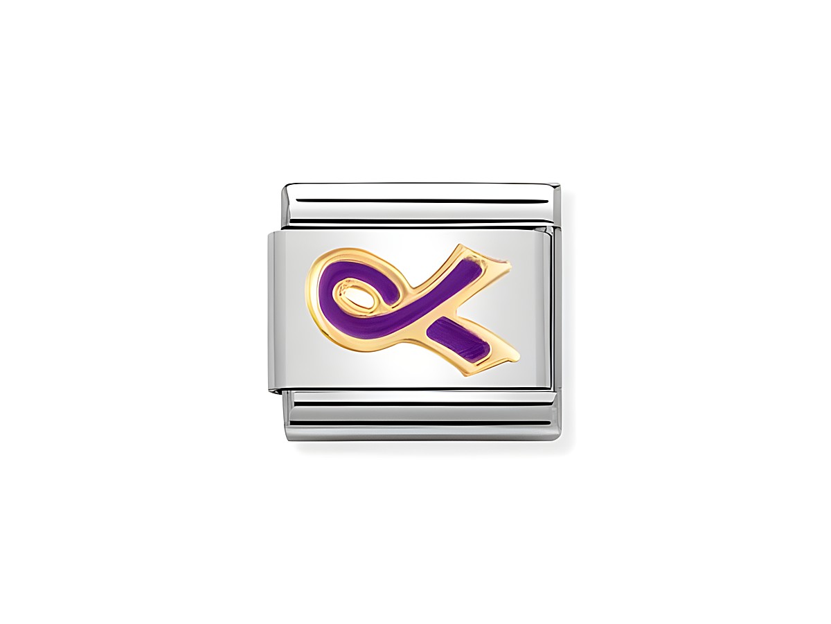 Schmuckelement von Nomination mit der Artikelnummer 030208 55, klassisches Design, violette Schleife auf einer goldenen und Edelstahlbasis, verziert mit Emaille.