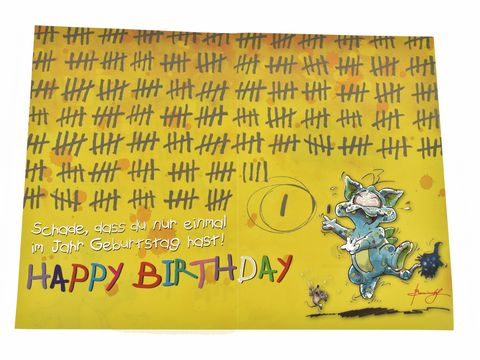 Geburtstagskarte in Gelb mit Strichliste im Hintergrund, einem fröhlichen Cartoon-Charakter und dem Schriftzug Happy Birthday, Hersteller Juwelier Harnisch, ideal für Geburtstagsgrüße. – Ansicht 2