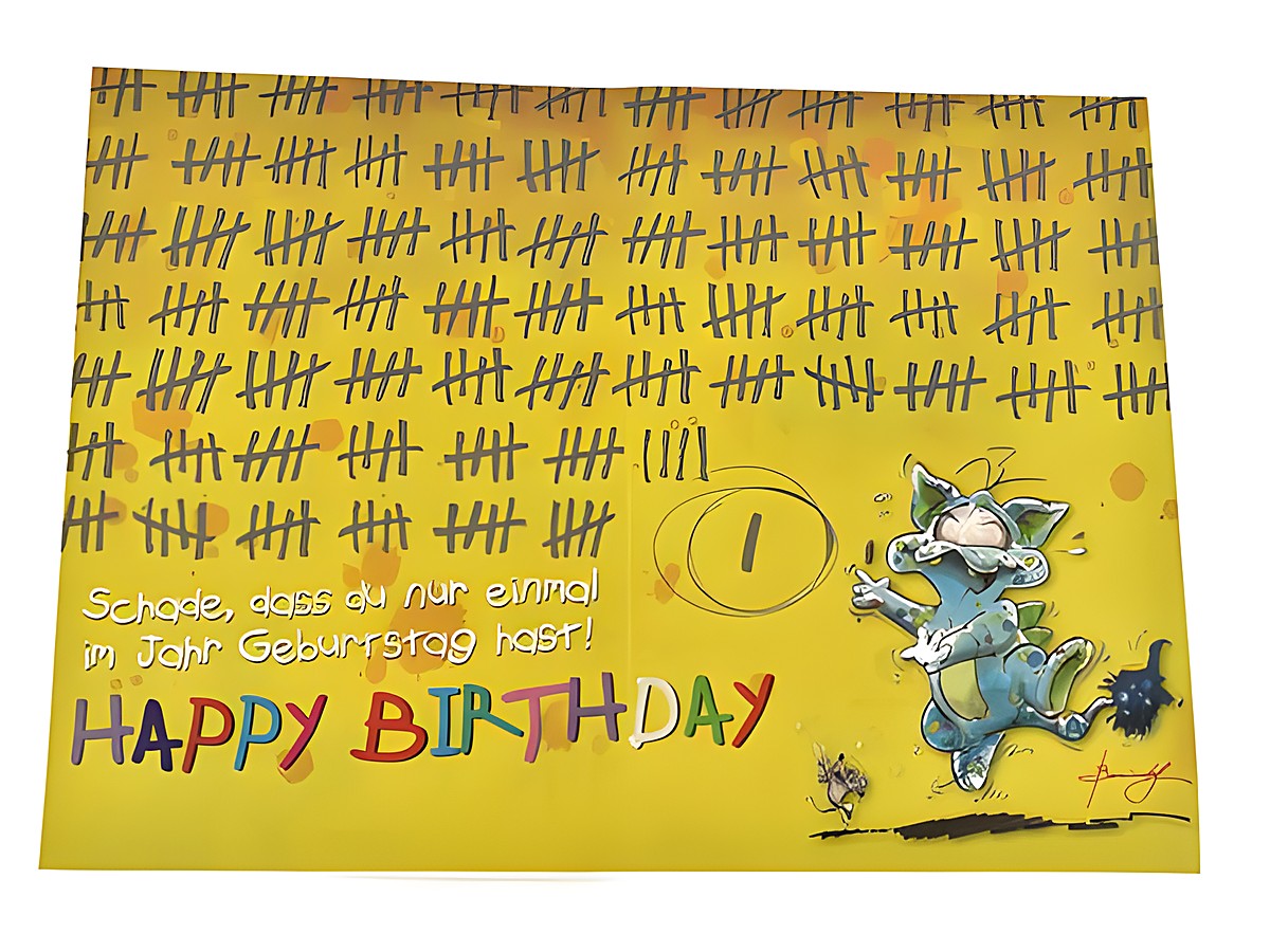 Geburtstagskarte in Gelb mit Strichliste im Hintergrund, einem fröhlichen Cartoon-Charakter und dem Schriftzug Happy Birthday, Hersteller Juwelier Harnisch, ideal für Geburtstagsgrüße. – Ansicht 2