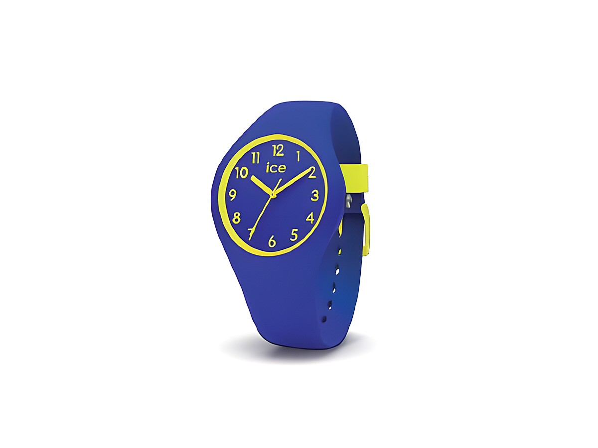 Einfache Kinderuhr ICE ola kids Rocket in Blau und Gelb, mit runder Ziffernblattgestaltung und gut lesbaren Ziffern, ideal für junge Abenteurer, Hersteller: Ice watch.
