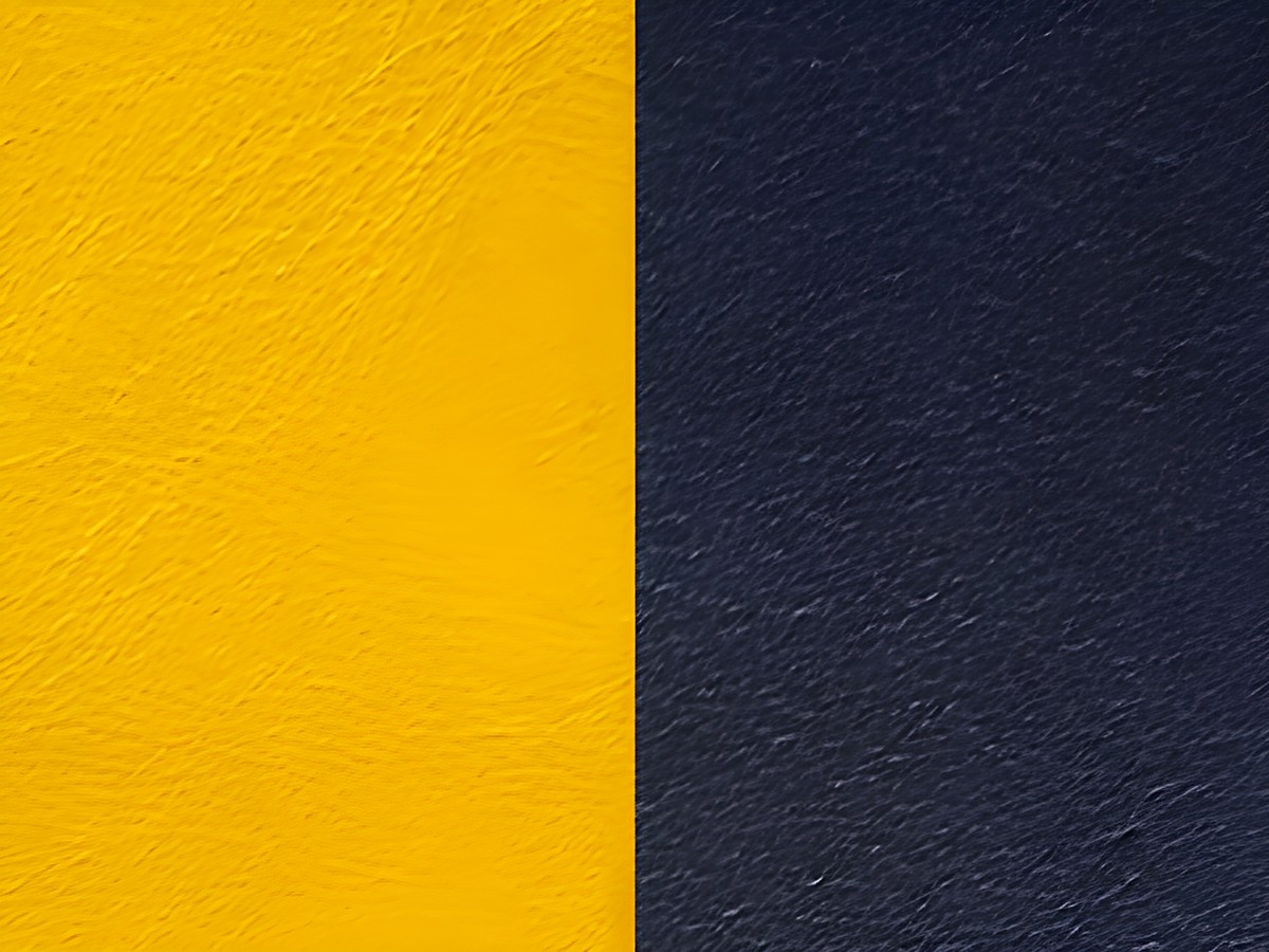 Auf dem Bild sind zwei Lederoberflächen zu sehen, eine in sonnigem Gelb und die andere in marineblau. Diese werden als Einlagen für Les Georgettes Armreifen verwendet.