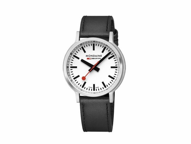 Mondaine Uhr MST.4101B.LBV.1 Limited Edition Stop2Go aus Edelstahl mit schwarzem Lederarmband und einem weißen Ziffernblatt, 41 mm Durchmesser, charakteristische rote Sekundenhand.