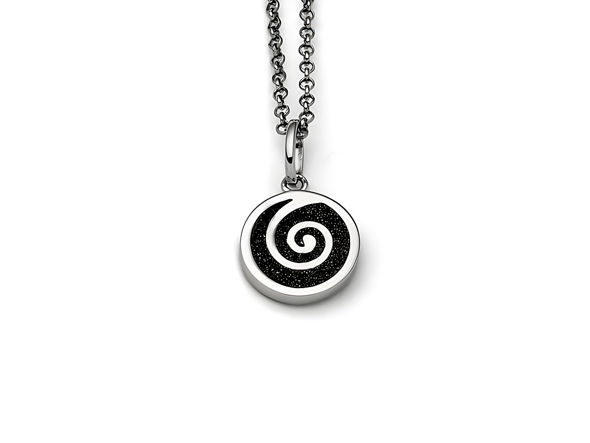 DUR Kette Sandspirale 2.0 - K2583 aus Sterling Silber mit einem runden Anhänger in Schwarz und Silber mit spiralem Design, 42cm lang, elegantes und modernes Schmuckstück.